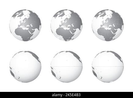 Ensemble de globes de la Terre se concentrant sur l'Europe (rangée supérieure) et l'océan Pacifique (rangée inférieure). Soigneusement superposé et groupé pour faciliter le montage. Vous pouvez modifier Illustration de Vecteur