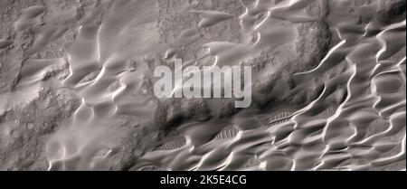 Paysage martien. Cette image HiRISE montre un champ de dunes dans le sirop inférieur majeur, Mars.White ondule sur la surface sombre, ainsi que des stries de vent de petits cratères (à l'ouest) comme également visible dans une image de Mars Orbiter Camera. Notre intérêt est de voir si de nouvelles poussières se sont déposées ou enlevées. Cette observation peut nous permettre de mieux comprendre les mécanismes de l'initiation des stries et des dunes/ondulations.l'image est inférieure à 5 km (3 mi) sur Une version optimisée unique de l'imagerie de la NASA. Crédit: NASA/JPL/UArizona Banque D'Images