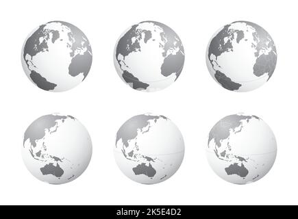 Ensemble de globes de la Terre se concentrant sur l'Atlantique Nord (rangée supérieure) et l'Asie de l'est et l'Océanie (rangée inférieure). Soigneusement superposés et groupés pour faciliter l'éditine Illustration de Vecteur