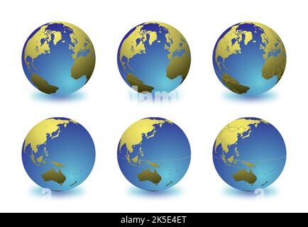 Ensemble de globes de la Terre se concentrant sur l'Atlantique Nord (rangée supérieure) et l'Asie de l'est et l'Océanie (rangée inférieure). Soigneusement superposés et groupés pour faciliter l'éditine Illustration de Vecteur