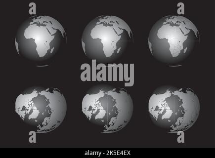 Ensemble de globes de la Terre se concentrant sur l'Afrique (rangée supérieure) et l'Arctique (rangée inférieure). Soigneusement superposé et groupé pour faciliter le montage. Vous pouvez modifier ou rééditer Illustration de Vecteur