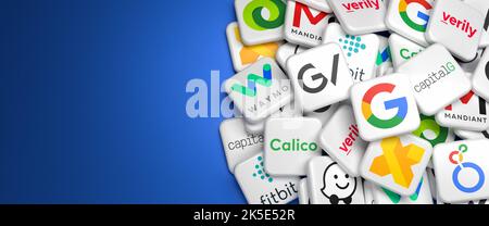 Logos de différentes sociétés de la holding Alphabet (Google, GV Google Ventures, X Developments, CapitalG, Calico, Verily, Mandiant, Fitbit, Looker, Banque D'Images