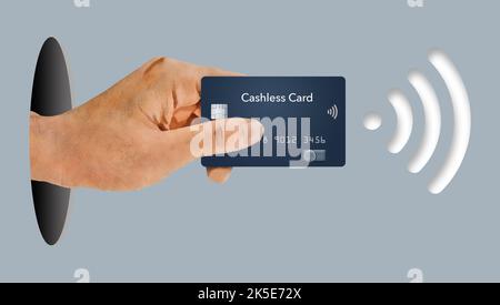 Une main tient une carte de crédit capable de paiements sans contact via la technologie de communication en champ proche. Il s'agit d'une illustration en 3 jours. Banque D'Images