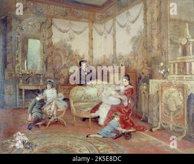 Portrait de Victorien Sardou (1831-1908), de sa femme et de ses enfants dans le grand salon de leur maison de Marly-le-Roi, c1885. Banque D'Images