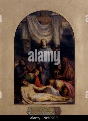 Esquisse pour la chapelle de la compassion de l'&#xe9;lise Saint-Roch : "le Christ descendu de la Croix", 1856. La déformation par rapport à la croix. Le corps du Christ est pleuré par Saint Jean, Marie-Madeleine et la Vierge Marie (debout, tenant la couronne des épines). Banque D'Images