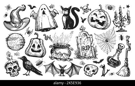 Concept Halloween. Ensemble d'éléments pour les fêtes pour la circulaire, les cartes de vœux et les bannières Web. Esquisser une illustration vectorielle vintage Illustration de Vecteur