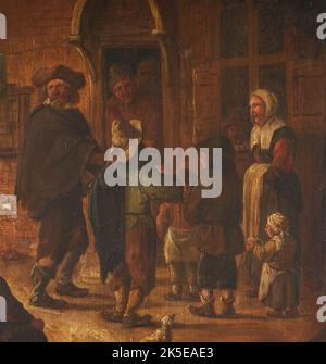 Mendiants à la porte de l'auberge, dans le style d'Adriaen van Ostade. Banque D'Images