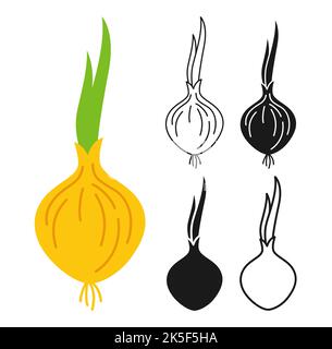 Ensemble de symboles linéaires de dessin animé oignon, style Doodle, silhouette de gravure. Ampoule jaune fraîche icône de légume, bio aliments santé épice design. Récolte agricole cuisine végétarienne, vecteur du marché agricole Illustration de Vecteur