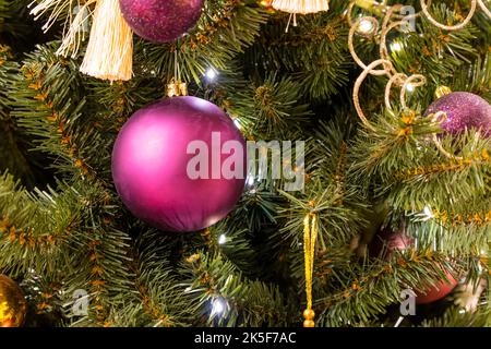 Sur la branche de l'arbre de Noël vert porte le jouet de Noël dans la boule de forme de rose sur un fond vert. fond de noël. Boule rose sur un CH Banque D'Images