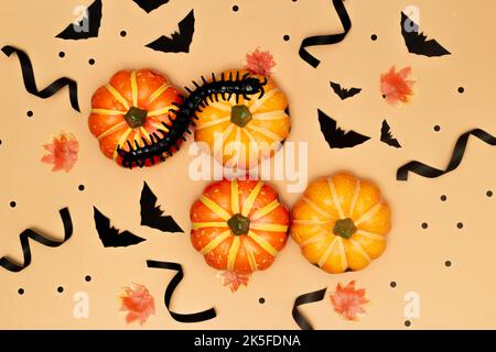 Halloween concept, Centipede sur les citrouilles à sourire effrayant et fantôme avec chauve-souris noire sur fond crème. Banque D'Images