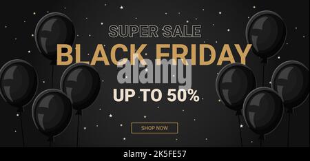 black friday sms super soldes jusqu'à 50 sur fond sombre avec des étoiles et des ballons et bouton shop now Illustration de Vecteur