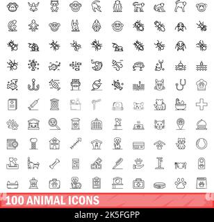 jeu de 100 icônes d'animaux. Illustration du contour de 100 icônes animales ensemble de vecteurs isolé sur fond blanc Illustration de Vecteur