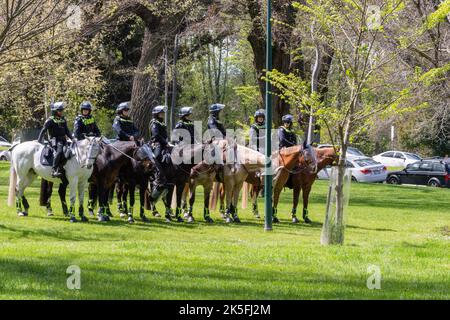 Melbourne, Australie. 08th octobre 2022. La police montée regarde les manifestants pro Life pendant le rassemblement à Melbourne. Des manifestants pro-choix ont organisé des contre-rassemblements pour protester contre la manifestation pro-vie organisée aujourd'hui par Bennie Finn, membre du Parlement de l'État, près du Parlement de l'État. Les manifestations ont vu un nombre énorme de policiers présents, les rues bloquées et les tensions élevées. Crédit : SOPA Images Limited/Alamy Live News Banque D'Images