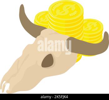 Icône de symbole WildWest vecteur isométrique. Crâne de Buffalo et pile d'icône de pièce d'or. Ouest sauvage, Ouest Illustration de Vecteur