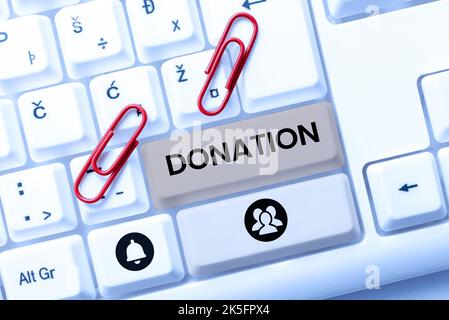 Légende de texte présentant le don. Les entreprises présentent la réalisation d'un don spécialement à un organisme de bienfaisance ou à une institution publique Banque D'Images