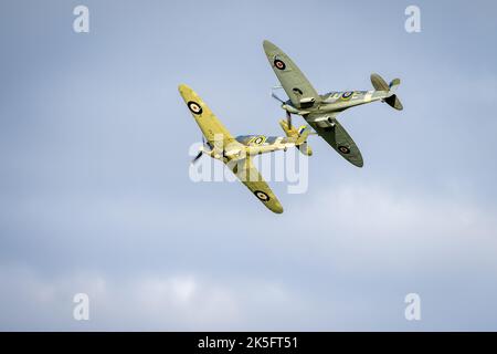 Spitfire 'AR501' Supermarine et Hawker Sea Hurricane 'Z7015' volant en formation lors du salon de l'aviation du jour de la course qui s'est tenu à Shuttleworth le 2nd octobre 2022 Banque D'Images