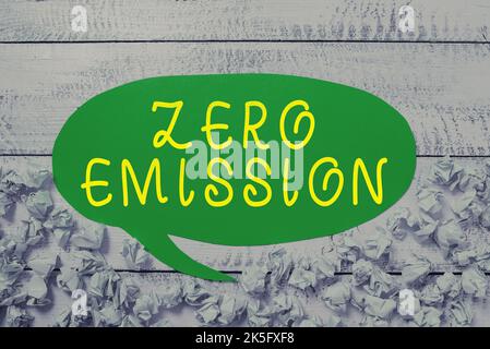 Symbole de texte indiquant zéro émission. La vitrine d'affaires fait référence à un moteur qui n'émet aucun polluant atmosphérique Banque D'Images