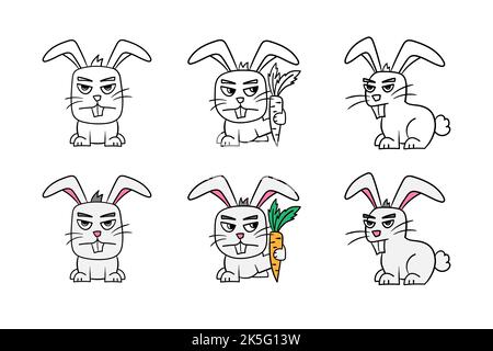 Drôle de lapin en colère. Ensemble de lapins noirs et blancs et colorés sur fond blanc. Page pour livre de coloriage Illustration de Vecteur