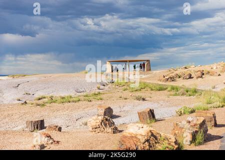 PARC NATIONAL DE LA FORÊT PÉTRIFIÉE, ARIZONA - 1 SEPTEMBRE 2022 : touristes à la recherche d'un abri dans l'ombre au parc national de la forêt pétrifiée, Arizona, États-Unis Banque D'Images