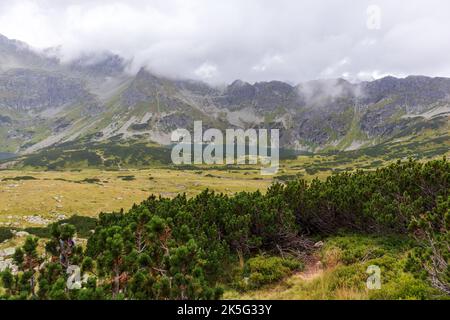 Très beau paysage dans les Tatras polonais avec d'énormes montagnes grises qui atteignent les nuages blancs et un lac turquoise naturel au milieu Banque D'Images