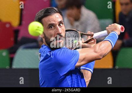 Pala Wanny, Florence, Italie, 08 octobre 2022, Damir Dzumhur de Bosnie-Herzégovine réagit pendant UniCredit Firenze Open - qualifications - Gianmarco Ferrari vs Damir Dzumhur - tennis internationales Banque D'Images