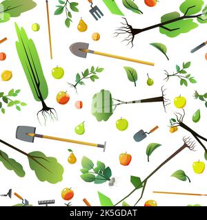 Semis de jeunes arbres avec racines et outils de jardin. Plantes de jardin. Plantations de fruits. Isolé sur fond blanc. Motif sans couture. Vecteur Illustration de Vecteur