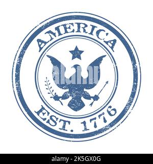 Un timbre de symbole aigle à tête grunge, America est. 1776 texte. Isolé sur fond blanc. Illustration de Vecteur