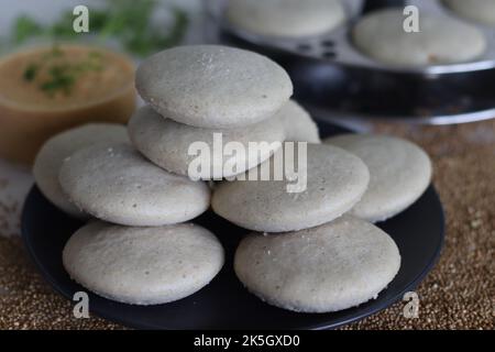 Millet Kodo sans rien. Gâteaux salés cuits à la vapeur, faits de millésimes de kodo et de farine de lentilles, servis avec un condiment épicé de noix de coco. Le millet de Kodo est utilisé comme mil sain Banque D'Images