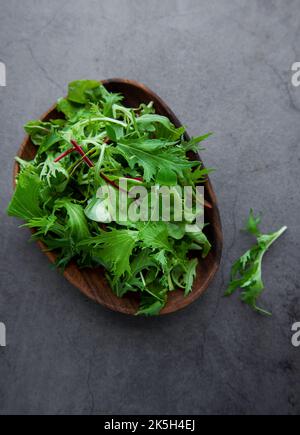 Mélanger les feuilles de salade verte fraîche avec l'arugula et les betteraves dans l'assiette sur fond de béton foncé. Ingrédient pour des salades saines Banque D'Images