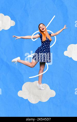 Collage vertical illustration de gai jolie fille dansant bonne humeur isolé sur dessin nuages ciel fond Banque D'Images