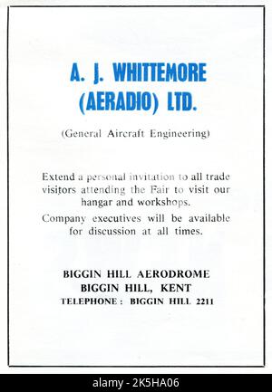 Une annonce de 1964 de la société britannique de génie aérien général, A. J. Whittemore (Aeradio) Ltd., de l'aérodrome de Biggin Hill, dans le Kent. Banque D'Images