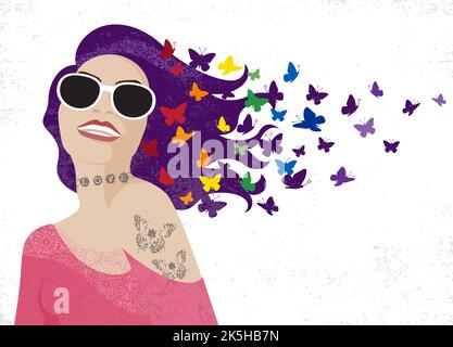 Une jolie femme souriante sur fond de grunge, avec des lunettes de soleil et des papillons arc-en-ciel dans ses cheveux violets Illustration de Vecteur