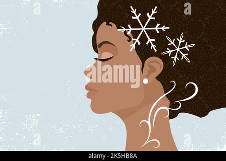 Vue en profil d'un visage africain de femmes sur fond de grunge avec des flocons de neige blancs dans ses cheveux Illustration de Vecteur