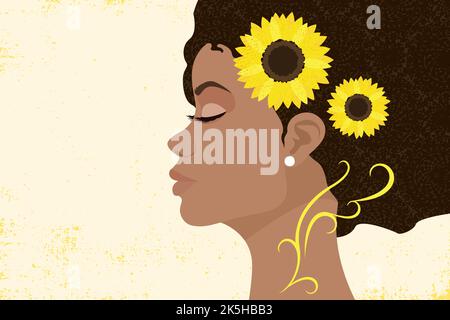 Vue de profil d'un womans africain visage sur fond de grunge avec des tournesols dans ses cheveux Illustration de Vecteur