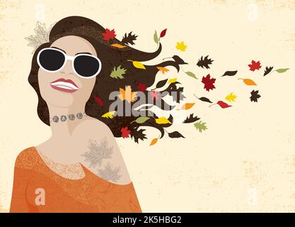 Une jolie femme souriante sur fond de grunge, avec des lunettes de soleil et des feuilles de chute dans ses cheveux Illustration de Vecteur