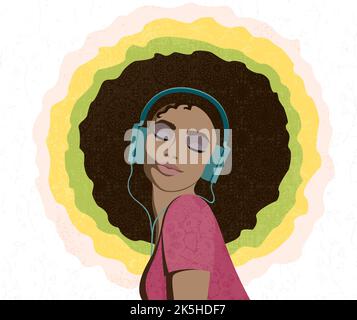 Une femme de couleur qui écoute de la musique sur un casque, avec des motifs et des textures Illustration de Vecteur