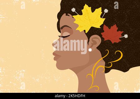 Vue en profil du visage d'une femme africaine sur fond de grunge avec des feuilles d'automne dans ses cheveux Illustration de Vecteur