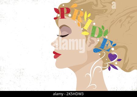 Vue en profil du visage d'une femme blanche sur fond de grunge avec un motif de fierté gay arc-en-ciel dans ses cheveux Illustration de Vecteur