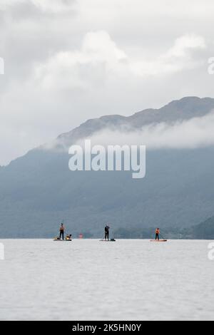 Journée de paddleboard en famille avec un chien Banque D'Images