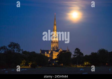 Salisbury, Wiltshire, Royaume-Uni. 8th octobre 2022. Météo Royaume-Uni. La lune des chasseurs presque complète s'élève dans le ciel depuis l'arrière de la cathédrale de Salisbury dans le Wiltshire, lors d'une soirée chaude et claire peu après le coucher du soleil. Crédit photo : Graham Hunt/Alamy Live News Banque D'Images