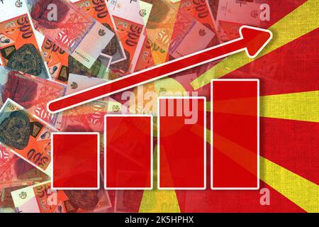 Graphique de l'économie : flèche vers le haut, billets de banque en espèces du drapeau macédonien et du denar macédonien Banque D'Images