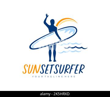 Surfeur avec planche de surf au coucher du soleil au bord de l'océan, logo. Voyages, loisirs, sport et vie active, design vectoriel et illustration Illustration de Vecteur