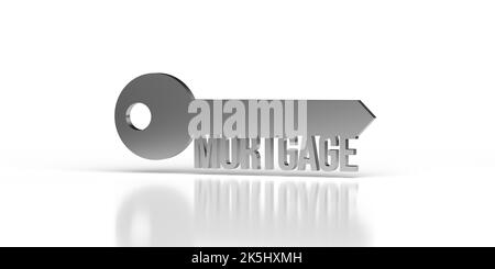 Argent métallique clé pour hypothèque sur fond blanc, espace de copie, chemin d'écrêtage. Conception d'ouvreur de porte rétro simple à 3D rendus. Texte motivationnel à venir. Banque D'Images