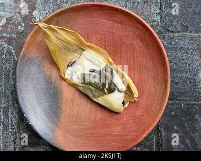 Un Oaxacan Tamal sur une assiette faite avec masa et hierba santa Banque D'Images