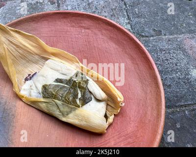 Un Oaxacan Tamal sur une assiette faite avec masa et hierba santa Banque D'Images