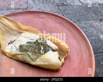 Un Oaxacan Tamal sur une assiette faite avec masa et hierba santa Banque D'Images