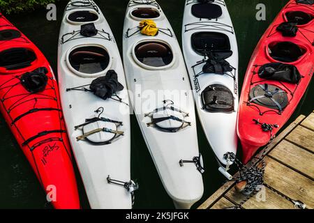 Kayaks colorés; Chilkoot Lake; Chilkoot State Recreation site; Coast Mountains; Haines; Alaska; États-Unis Banque D'Images