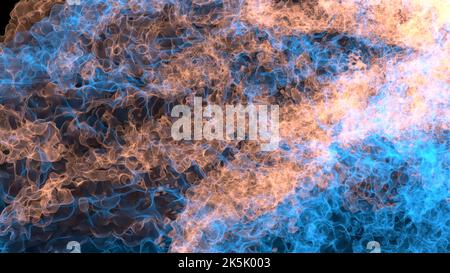 3D rendu de la coalescence du feu bleu et orange sur fond noir Banque D'Images