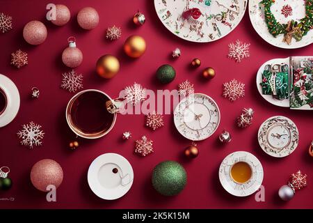 Plat d'une table mise en place pour Noël, nappe rouge, nourriture sur des assiettes blanches - une fête, prêt à faire la fête. Banque D'Images