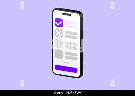 smartphone 3d avec liste de contrôle à l'écran. Todo ou liste de tâches, formulaire de vote, sondage en ligne, feedback ou concept d'examen. rende isolé de haute qualité Banque D'Images
